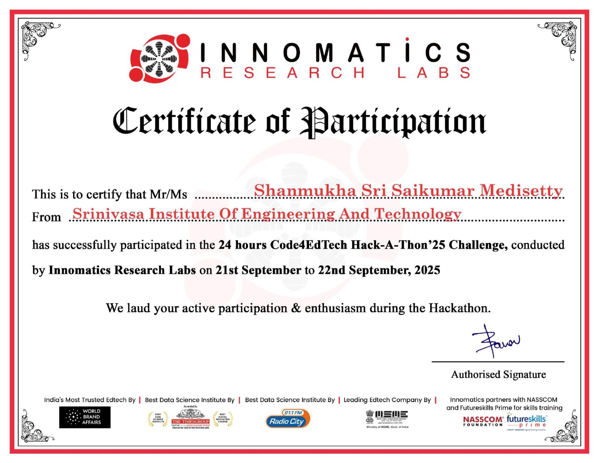 Inomatics Internship Certification